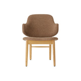 Natural oak Penguin Wooden Lounge Chair with brown Logan fabric upholstery, viewed from the front on a white background.