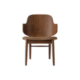 The Penguin Wooden Lounge Chair in red stained oak with a textured brown upholstered seat, shown from a front angle.