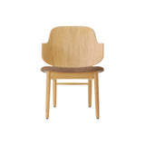 The Penguin Wooden Lounge Chair in natural oak with a textured brown upholstered seat, shown from the front.