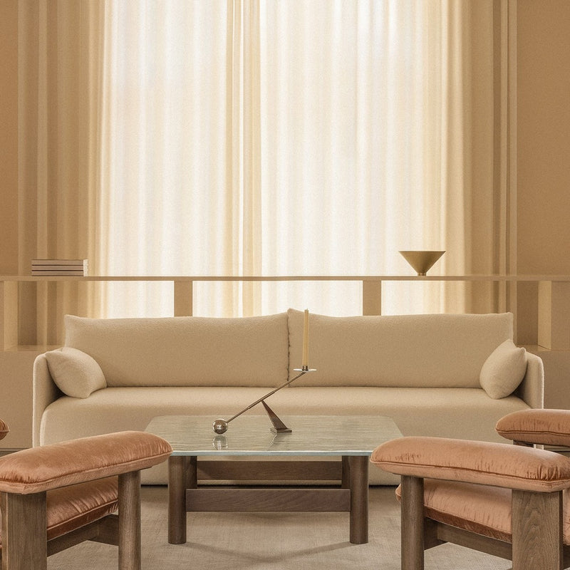 Beige living room with Offset Sofa, Lounge Table, Interconnect Candle Holder, and Brasilia Lounge Chairs.