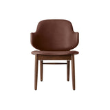Penguin Wooden Lounge Chair in red-stained oak with brown upholstery, presented in a clean front-facing view.