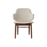 The Penguin Wooden Lounge Chair featuring a dark-stained oak frame and light beige Logan fabric upholstery.