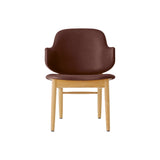 The Penguin Wooden Lounge Chair in natural oak features a dark brown upholstered seat and curved backrest.
