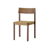 Mauro Dining Chair in dark-stained oak featuring a handwoven paper cord seat and a curved, angled backrest.